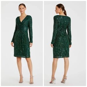Mac Duggal embellished surplice long sleeve sequin cocktail dress emerald 12 nwt